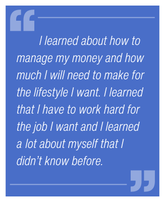 I learned about how to manage my money and how much I will need to make for the lifestyle I want. I learned that I have to work hard for the job I want and I learned a lot about myself that I didn't know before.